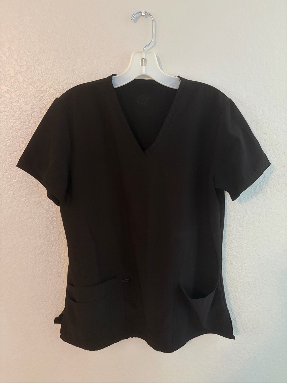 Women's Black V-Neck Short Sleeve Scrub Top with Front Pockets